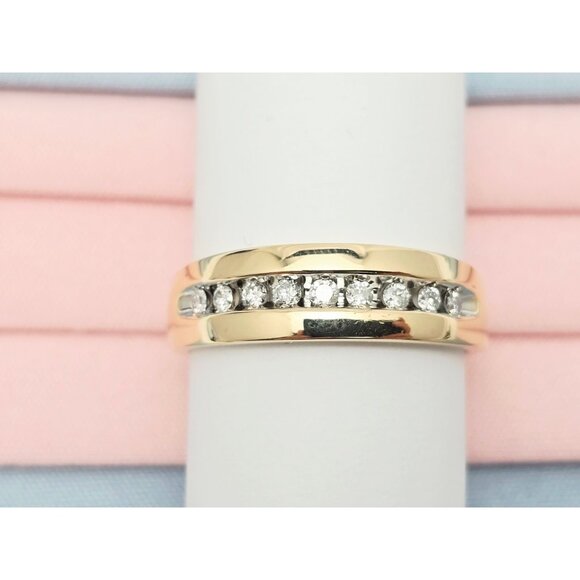 Unique 14K Karat Solid Yellow Gold Designer Single Row Diamond Wedding Band Ring - Picture 1 of 13